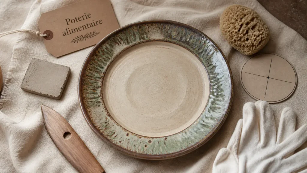Assiette en poterie artisanale pour usage alimentaire