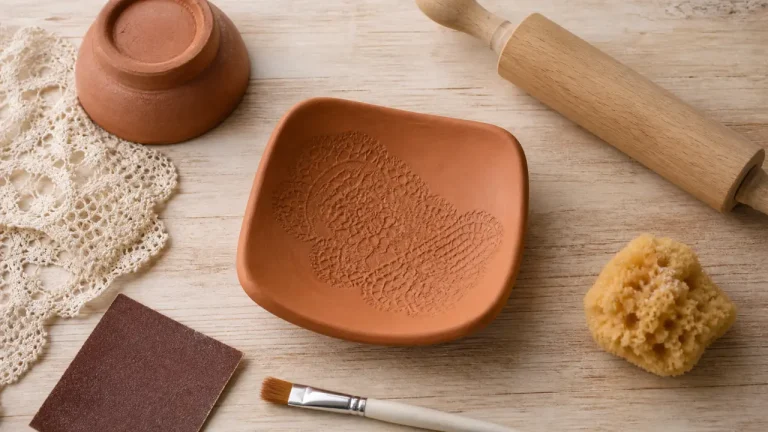 Coupelle argile autodurcissante terracotta sur table bois clair