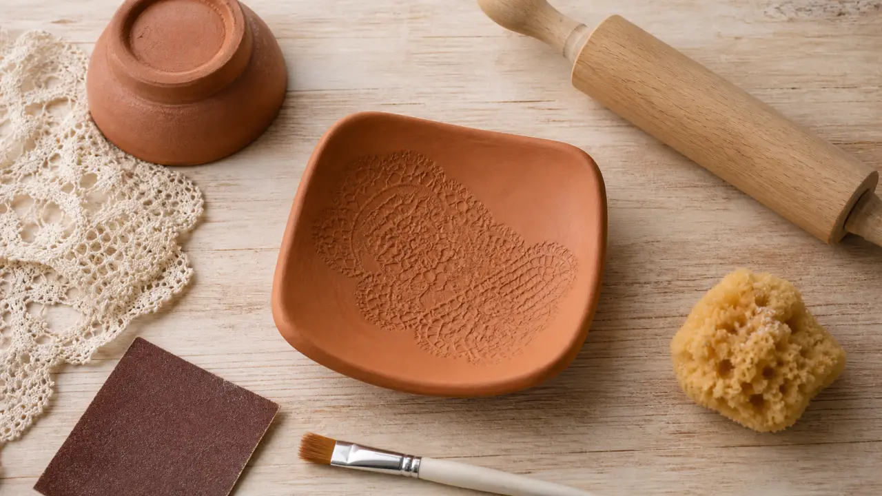 Coupelle argile autodurcissante terracotta sur table bois clair