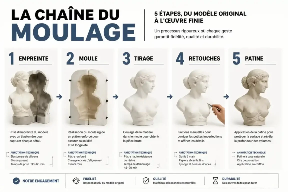 Technique moulage : schéma des étapes empreinte, moule, tirage, retouches et patine