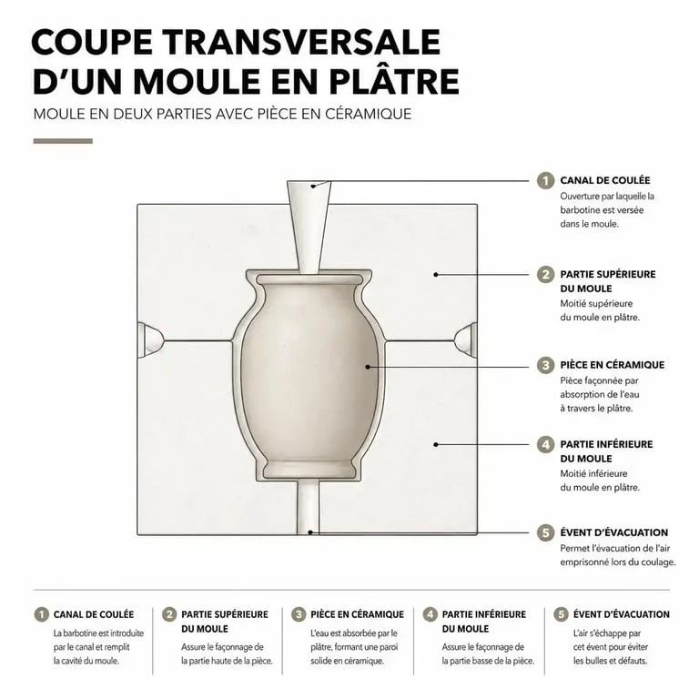 Schéma technique de fonctionnement d'un moule pour poterie en plâtre