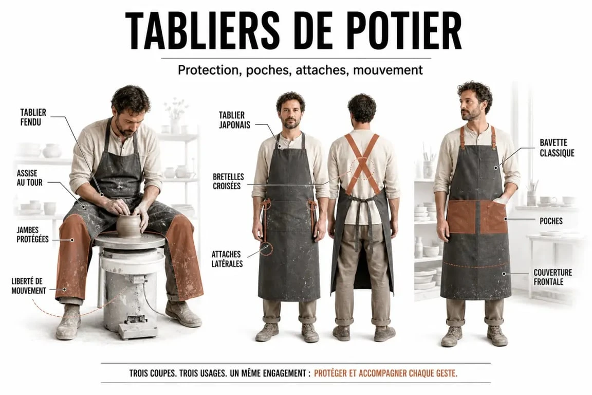 Tablier de potier : comparaison visuelle entre tablier fendu, tablier japonais et bavette en atelier de céramique