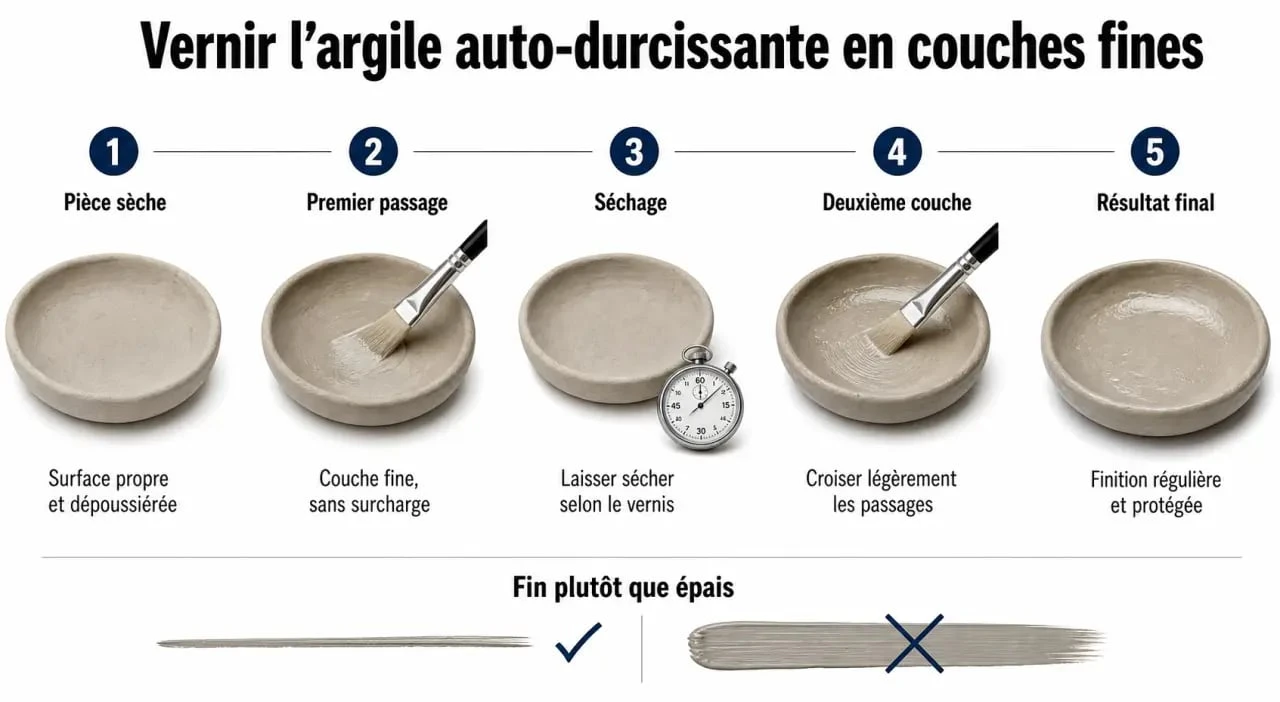 Étapes d’application du vernis pour argile auto durcissante en couches fines