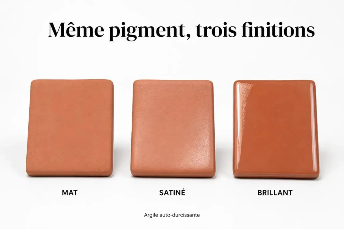 Comparaison du vernis pour argile auto durcissante en finition mat, satiné et brillant