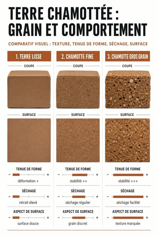 Terre chamottée : comparaison visuelle entre grain fin, grain moyen et gros grain, avec effets sur la tenue et la texture