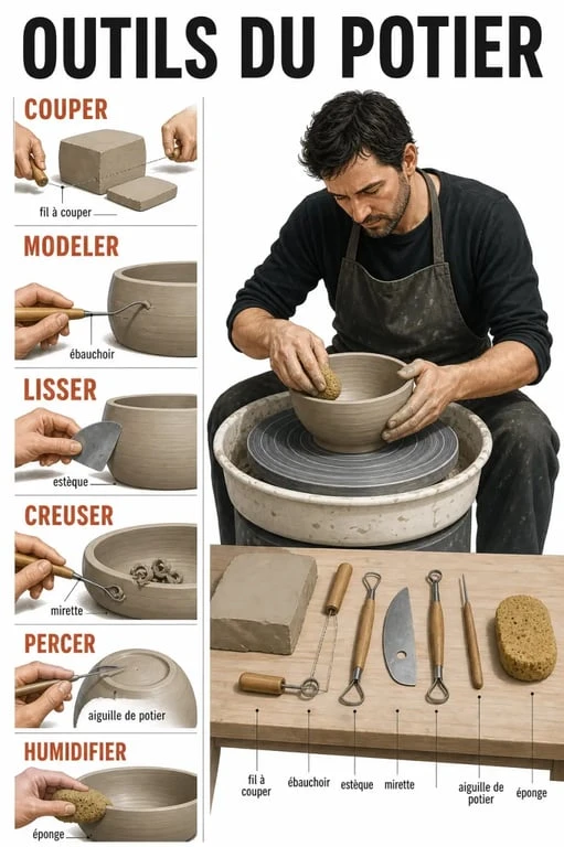 Outils du potier illustrés dans un atelier de céramique