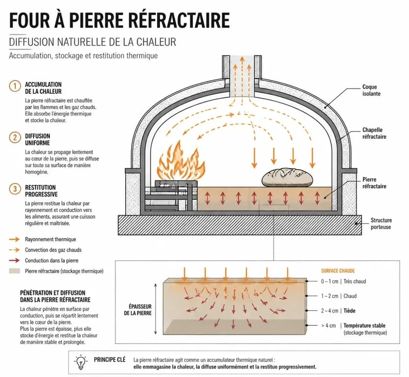Schéma de fonctionnement d'une pierre réfractaire pour four