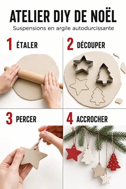 Déco noel argile autodurcissante : atelier DIY avec découpe, perçage et suspensions finies pour le sapin