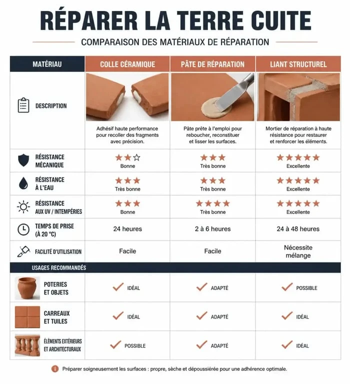 Tableau comparatif des solutions de collage pour terre cuite : colle, pâte et liant