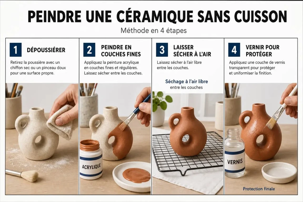 Guide visuel peinture céramique sans cuisson : étapes pour peindre, sécher et protéger un objet