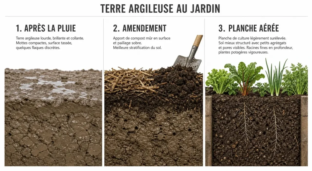Terre argileuse au jardin montrant le sol lourd, l’apport de compost et une planche surélevée