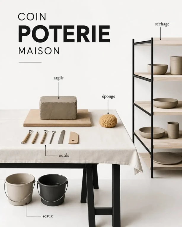 Poterie à la maison dans un coin atelier organisé avec table, outils et étagère de séchage
