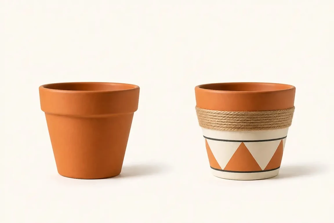 Décorer un pot de fleur avec une transformation avant/après en peinture et corde de jute