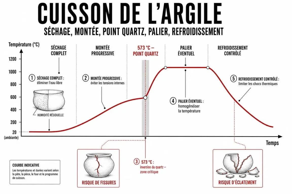Cuisson argile : montée en température, point quartz à 573°C et refroidissement contrôlé