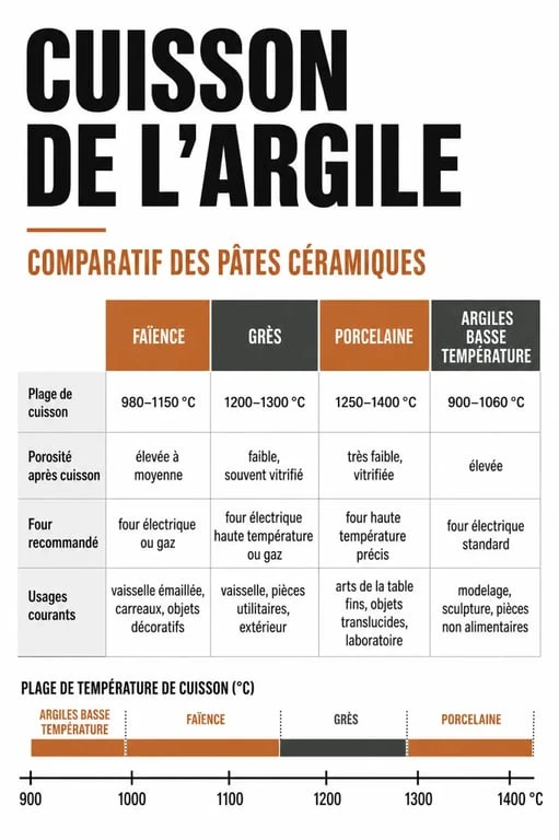 Cuisson argile : tableau des températures par type de terre entre faïence, grès et porcelaine