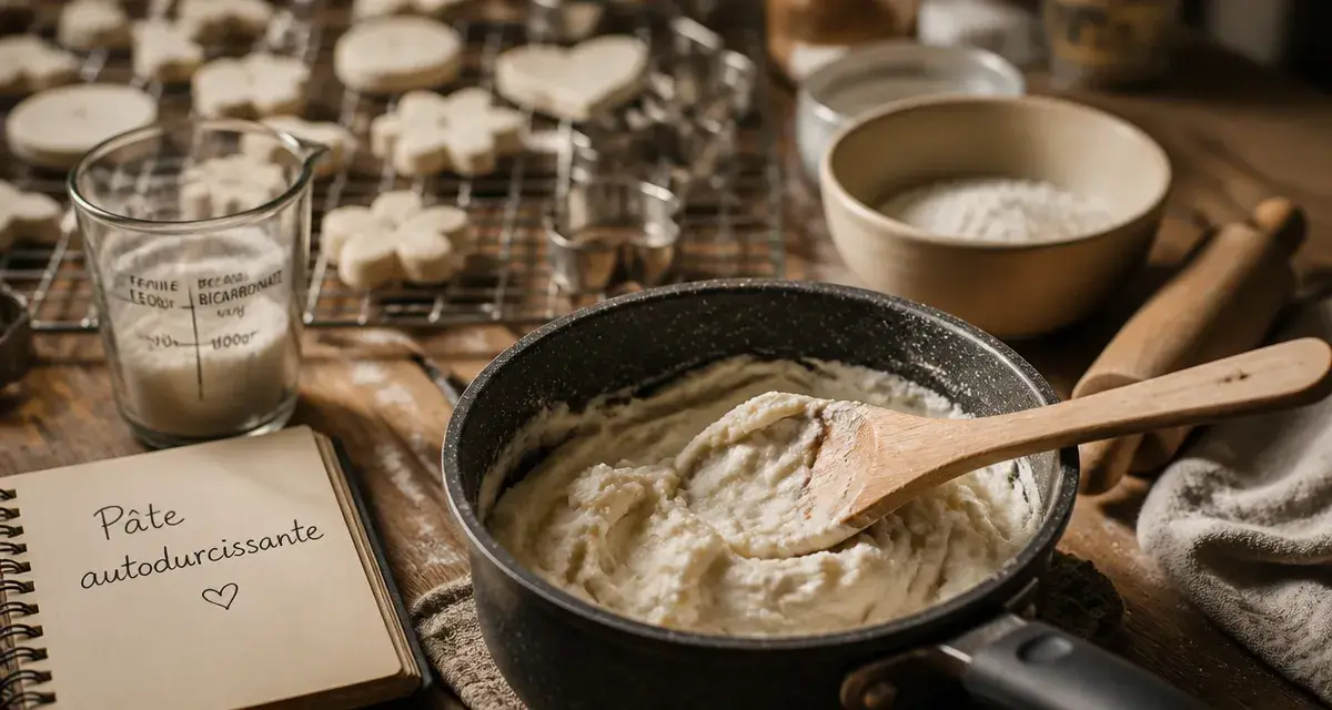 pate autodurcissante recette : pâte maison tiède, fécule et bicarbonate}}