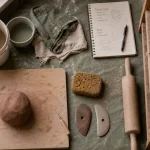 Poterie à la maison : coin atelier propre, argile et outils de modelage près d’une fenêtre