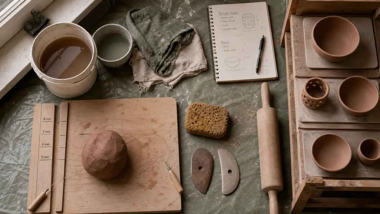 Poterie à la maison : coin atelier propre, argile et outils de modelage près d’une fenêtre