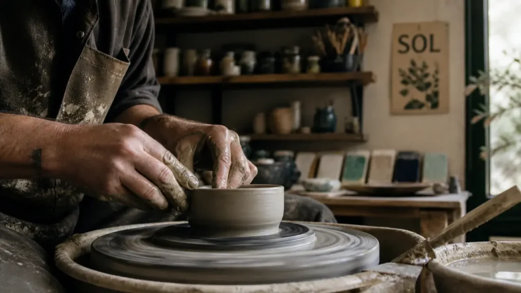 sol - atelier de céramique : mains au tour, grès humide à 1280°
