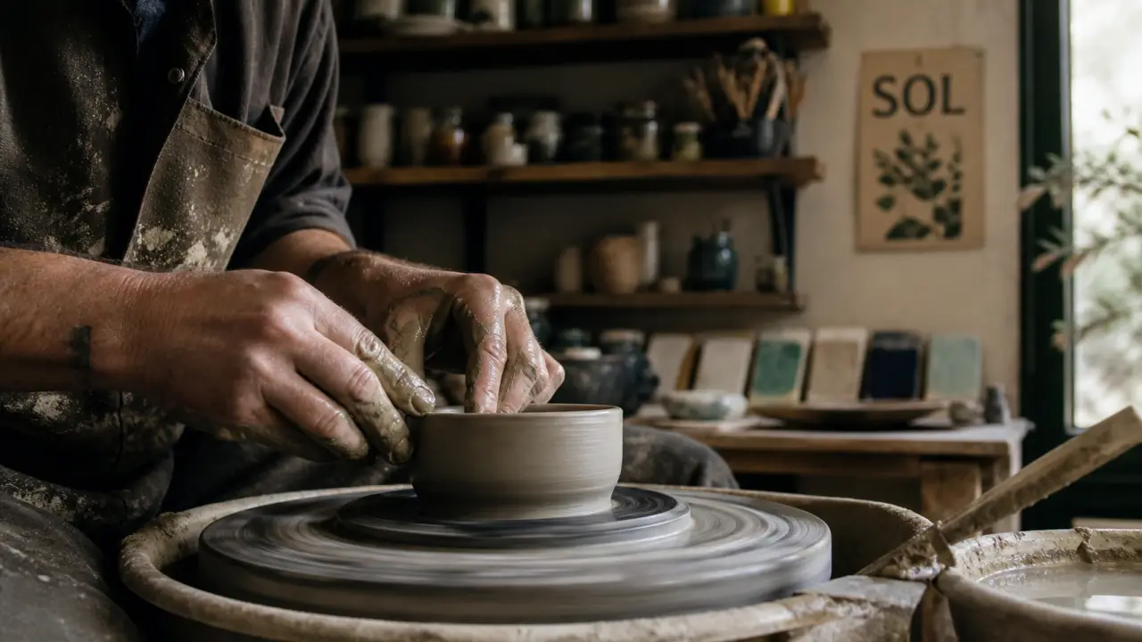 sol - atelier de céramique : mains au tour, grès humide à 1280°
