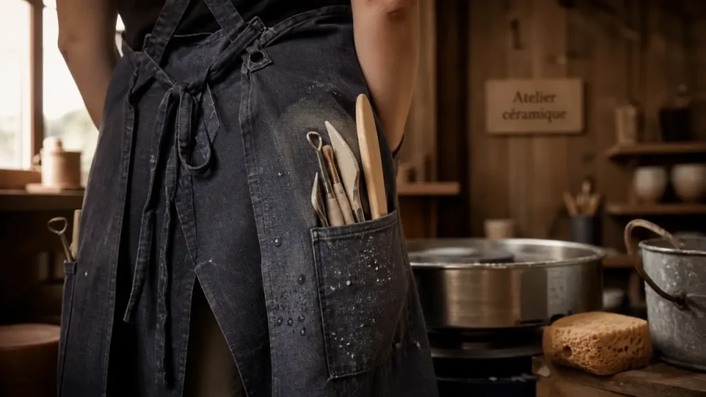 Tablier de potier fendu : lin lavé, outils et tour de potier en atelier