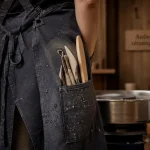 Tablier de potier fendu : lin lavé, outils et tour de potier en atelier