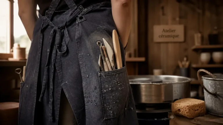 Tablier de potier fendu : lin lavé, outils et tour de potier en atelier