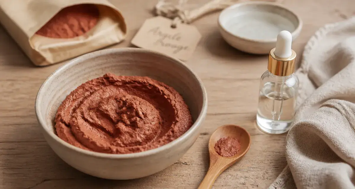 Argile rouge : bol avec pâte d’argile rouge pour le soin du visage