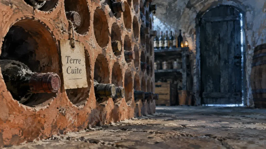 Casier bouteille terre cuite en cave, flacons couchés
