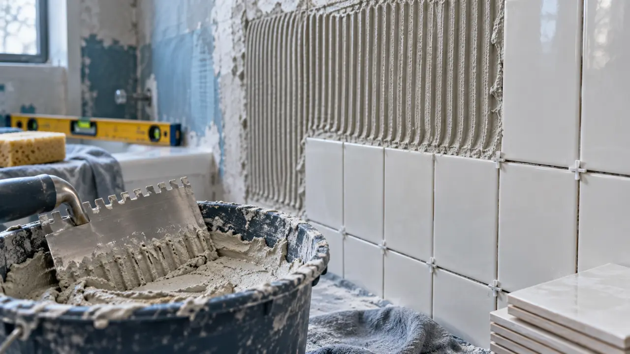 Colle pour faience en salle de bain : mur encollé, peigne à colle