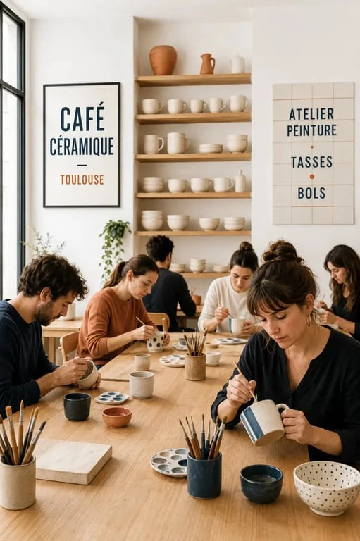 Ambiance d’un café céramique toulouse avec des visiteurs qui peignent des pièces en céramique