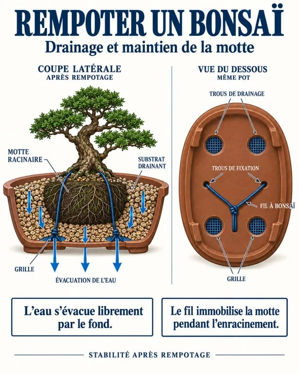 Poterie bonsaï avec trous de drainage et fixation de la motte par fil à bonsaï