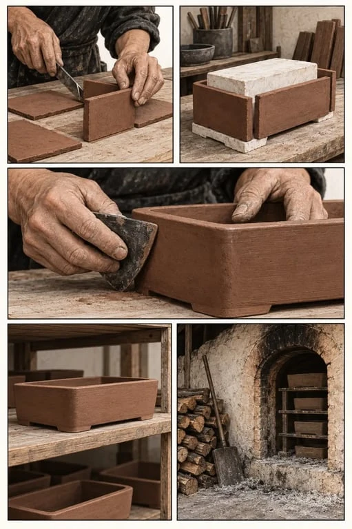Fabrication artisanale d'une poterie bonsaï en atelier, de l'argile à la cuisson