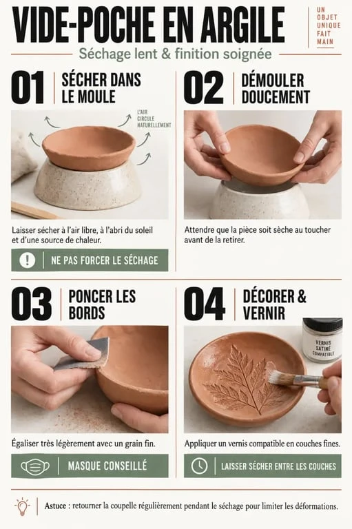 Séchage, démoulage et décoration d’un vide-poche en argile autodurcissante