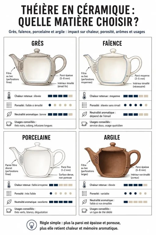 Infographie comparative sur la théière en céramique : grès, faïence, porcelaine et argile
