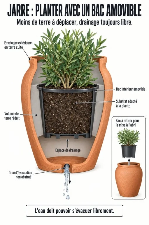 Schéma de plantation et de drainage dans une grande jarre en terre cuite avec intérieur de jarre