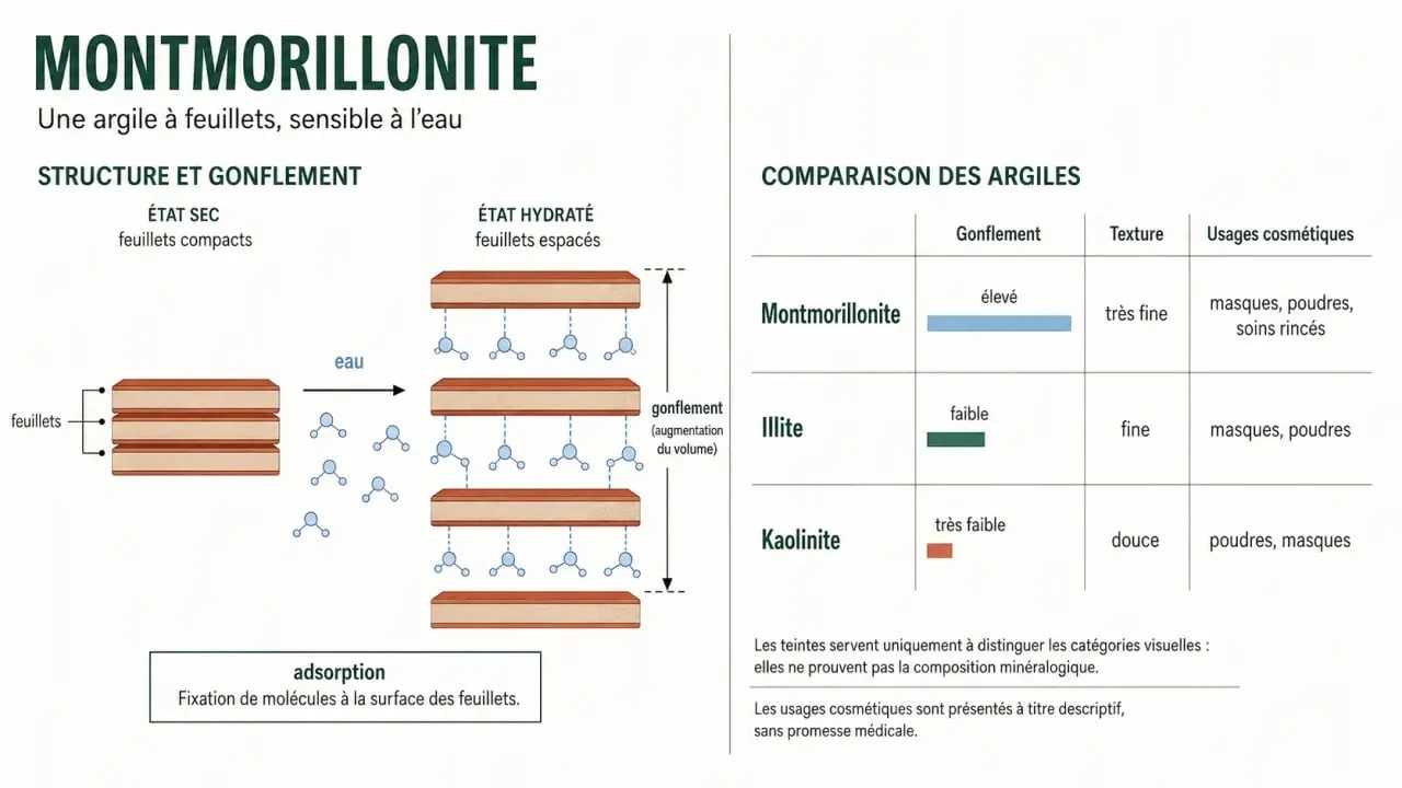 Infographie sur l’argile montmorillonite, son gonflement dans l’eau et ses différences avec l’illite et la kaolinite
