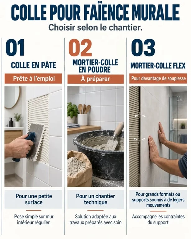 Infographie comparative sur la colle pour faience en pâte, en poudre et flex