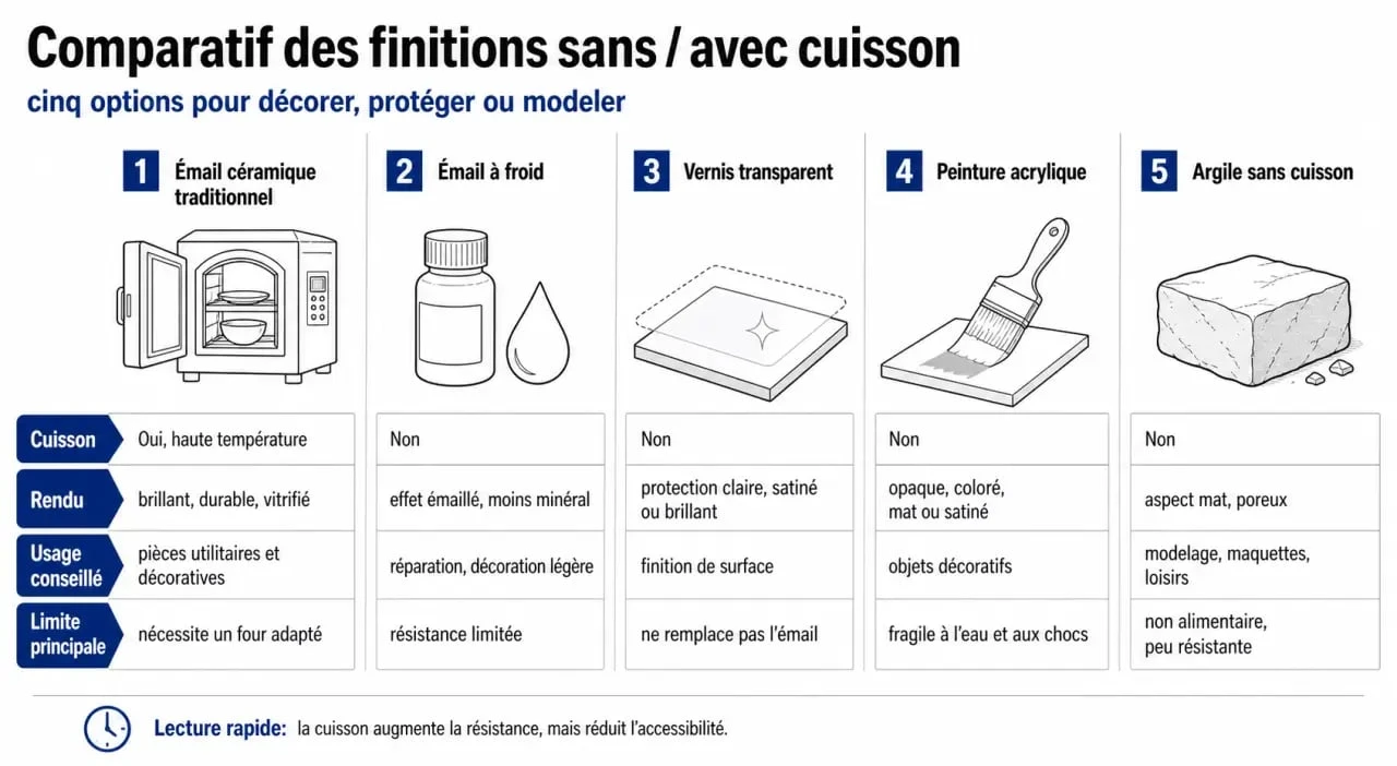 email ceramique sans cuisson : comparatif visuel entre émail traditionnel, émail à froid, vernis transparent, peinture acrylique et argile sans cuisson