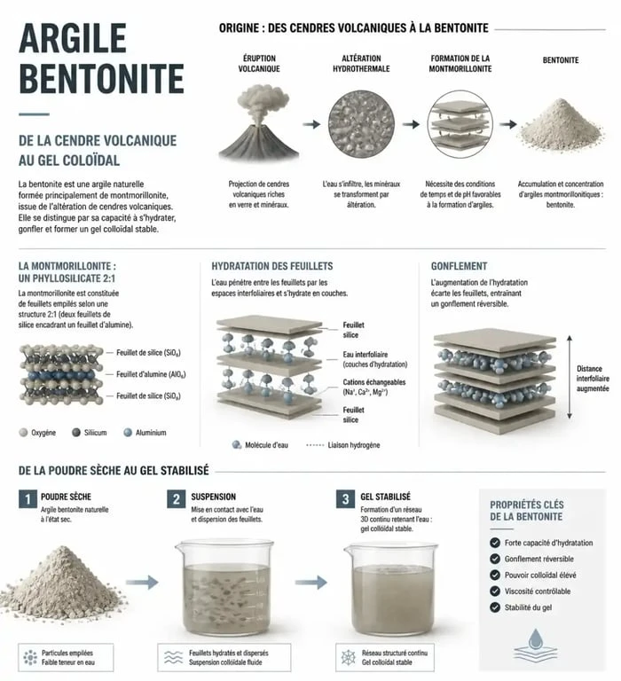 Infographie scientifique sur l'argile bentonite, la montmorillonite et son gonflement dans l'eau