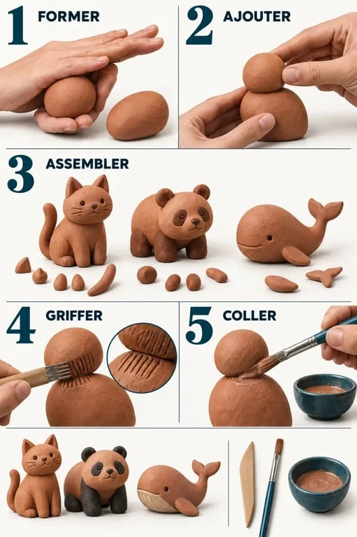 Étapes pour réaliser des animaux argile facile avec formes de base, griffage et barbotine