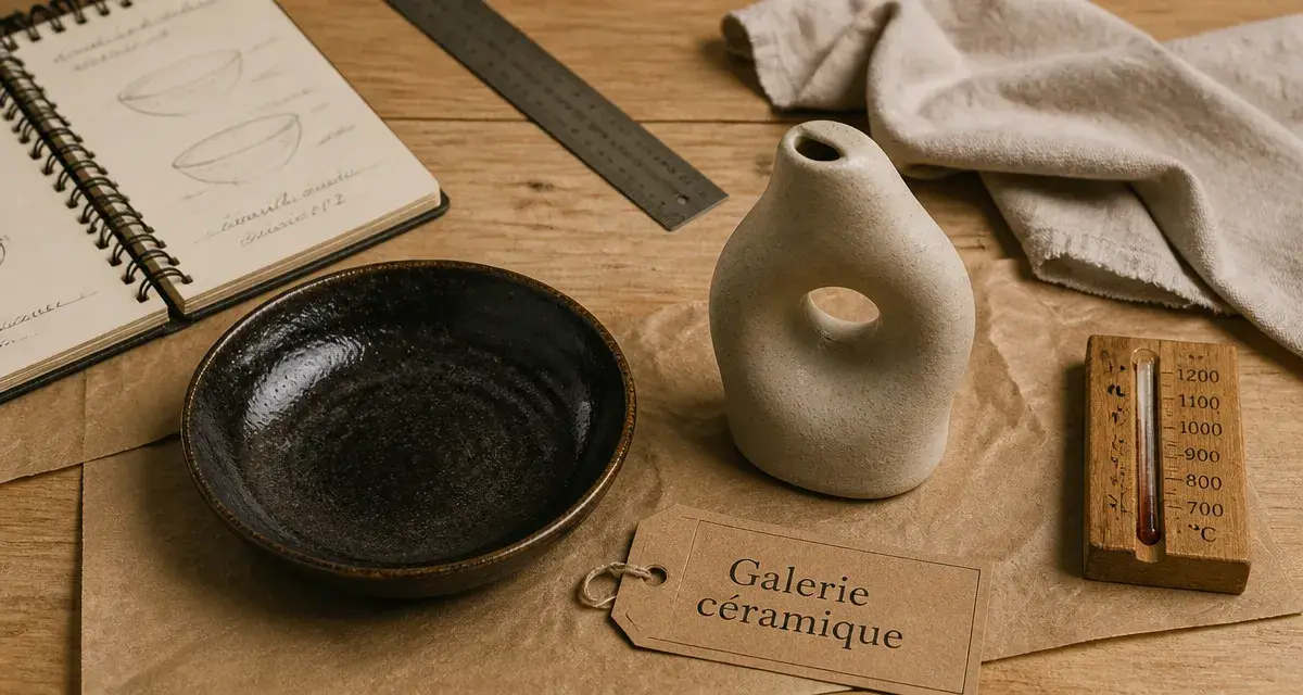 Photo de galerie d'art céramique, céramique sur table en bois