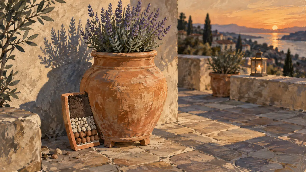 Jarres terre cuite en terre naturelle sur terrasse au crépuscule