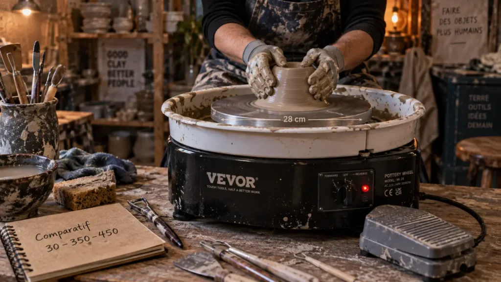 tour de potier vevor, argile sur plateau, atelier domestique