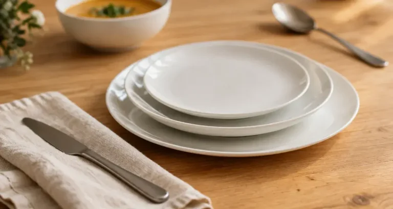 Assiette porcelaine blanche sur table en bois, vue de dessus.