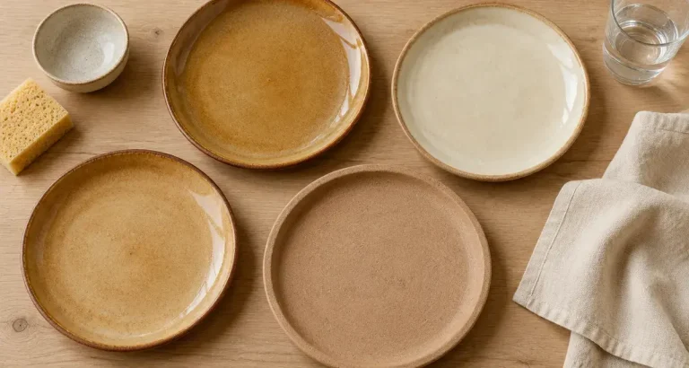 Assiette terre cuite sur table en bois clair : coloris miel et ivoire