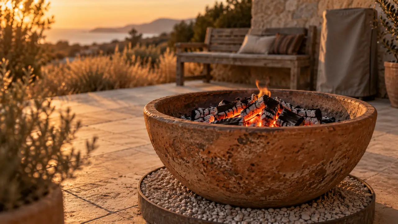 Brasero en terre cuite : braises et patine, hivernage en terrasse