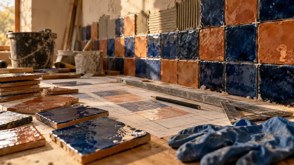 Carreaux céramique artisanale sur mur de crédence partiellement carrelé