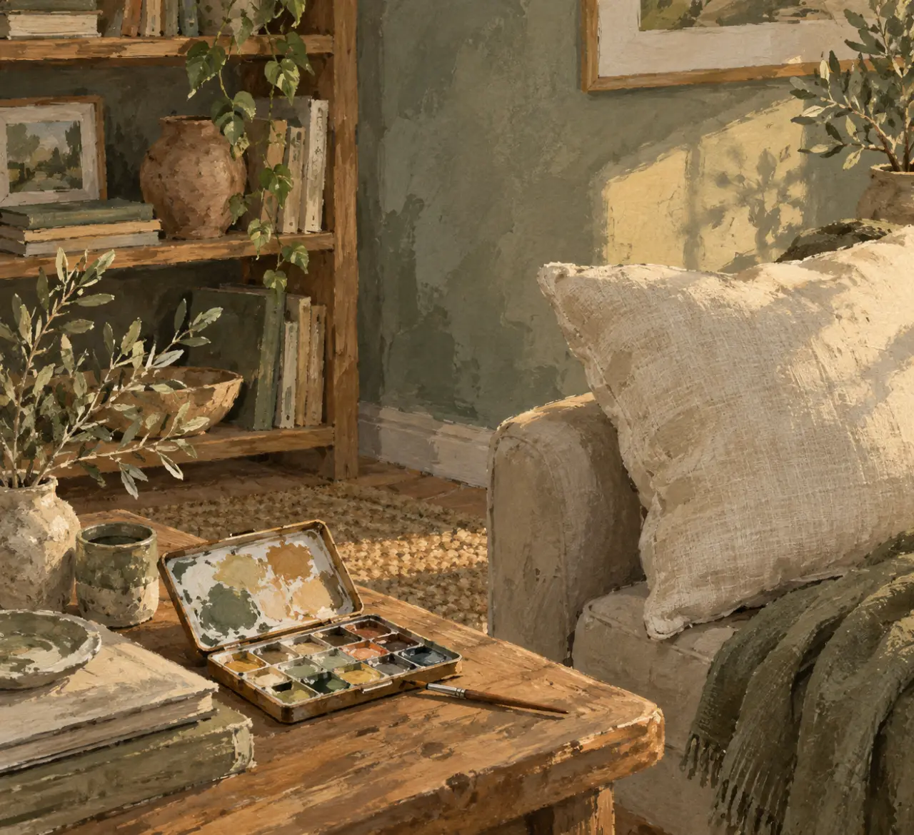 Couleur argile, vert grisé minéral en studio déco