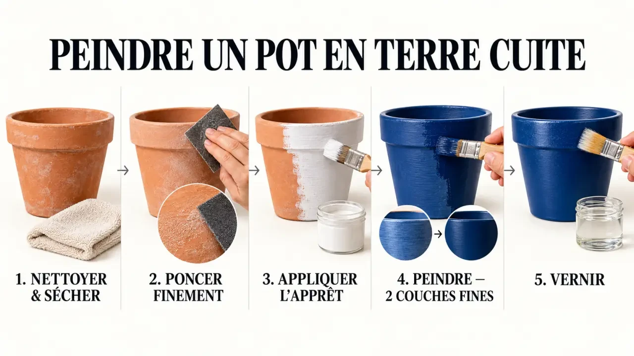 Étapes pour peindre un pot en terre cuite, du nettoyage au vernissage